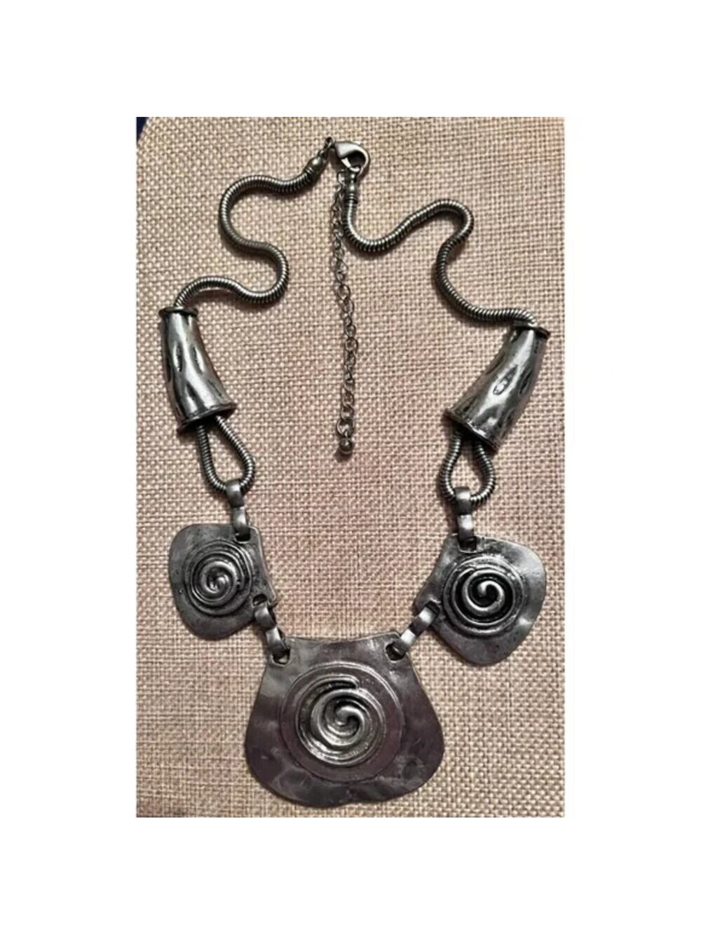 Modernist Bib Necklace Silver Tone Heavy Snake Chain 20” Drop 3” ext. Abstract